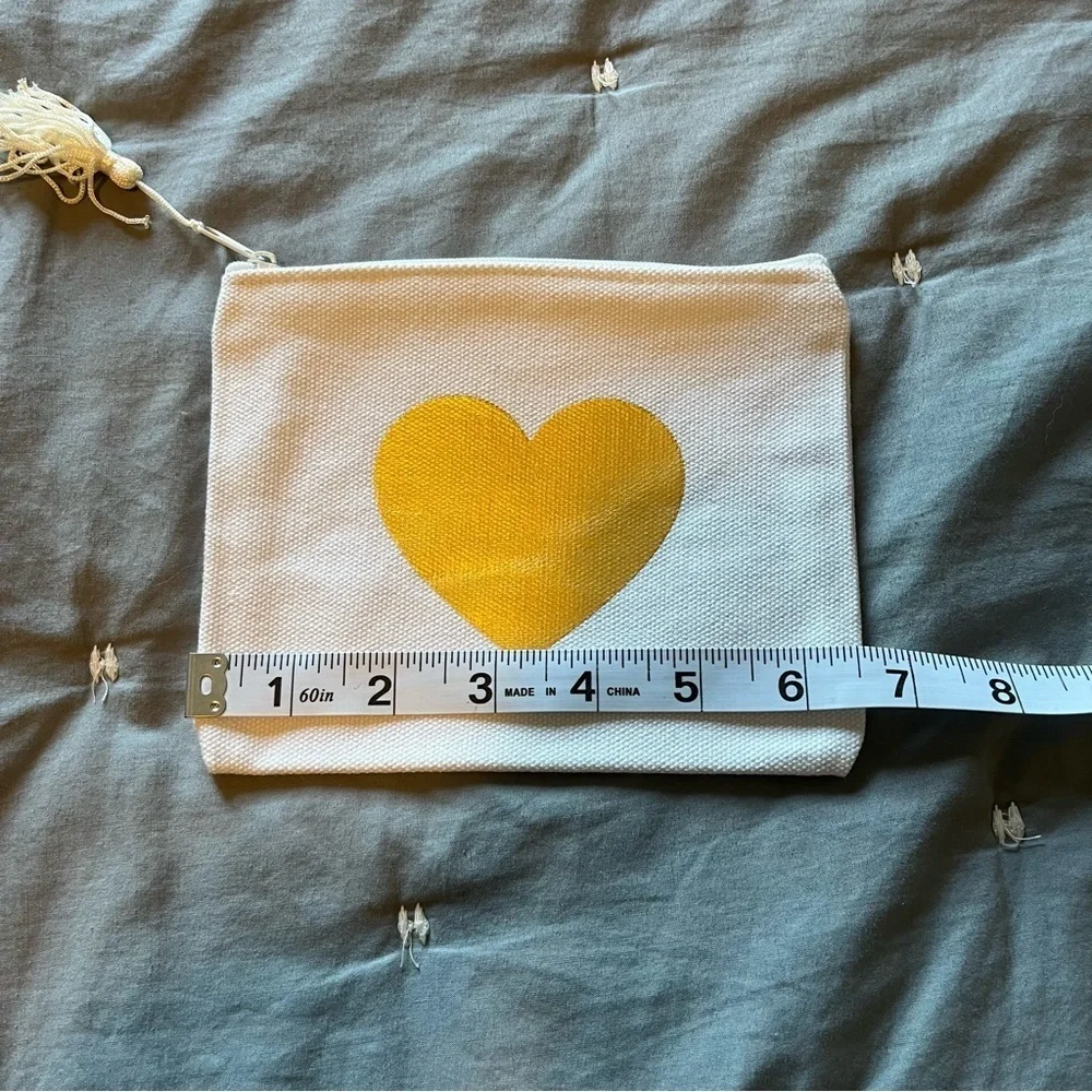 Gold Heart and White Small Makeup Accessory Bag Zip Closure Canvas